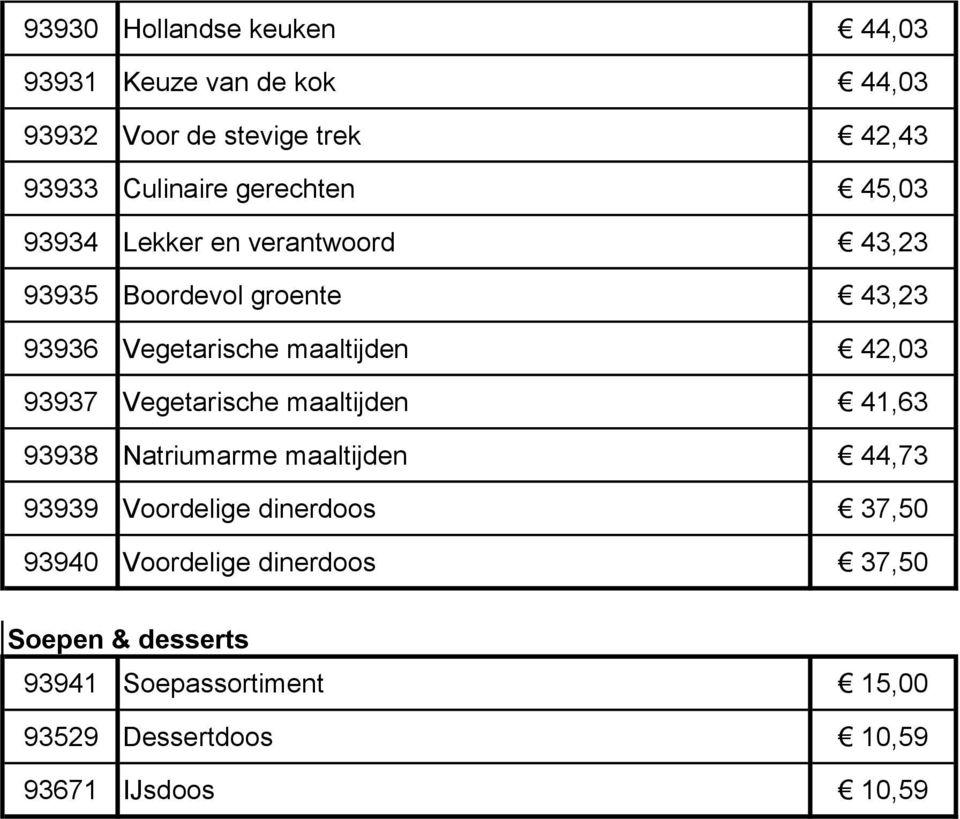 42,03 93937 Vegetarische maaltijden 41,63 93938 Natriumarme maaltijden 44,73 93939 Voordelige dinerdoos 37,50