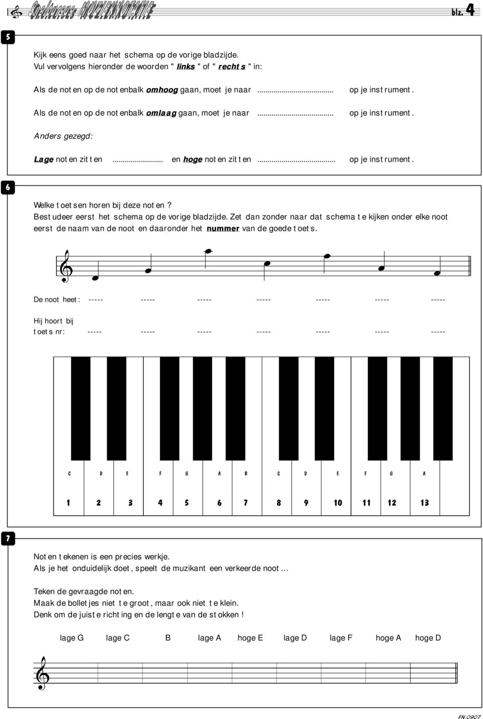 Bestudeer eerst het schema op de vorige bladzijde. Zet dan zonder naar dat schema te kijken onder elke noot eerst de naam van de noot en daaronder het nummer van de goede toets.