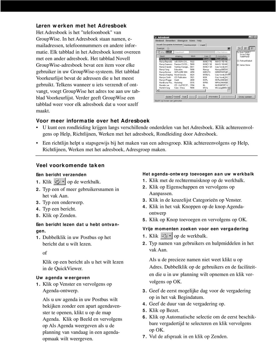 Het tabblad Novell GroupWise-adresboek bevat een item voor elke gebruiker in uw GroupWise-systeem. Het tabblad Voorkeurlijst bevat de adressen die u het meest gebruikt.