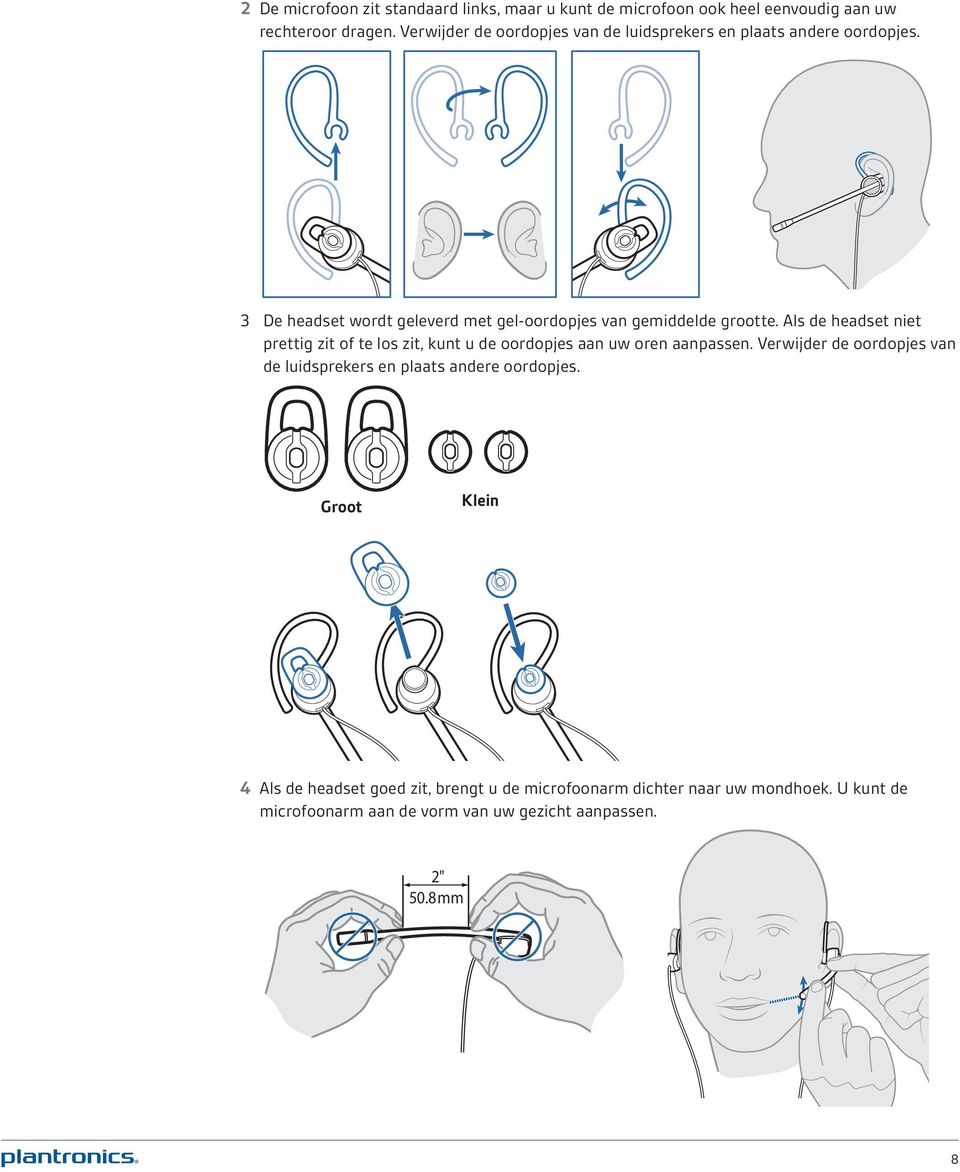 Als de headset niet prettig zit of te los zit, kunt u de oordopjes aan uw oren aanpassen.