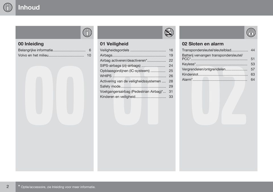 .. 02 51 SIPS-airbags (zij-airbags)... 24 Keyless*... 53 Opblaasgordijnen (IC-systeem)... 25 Vergrendelen/ontgrendelen... 57 WHIPS... 26 Kinderslot.