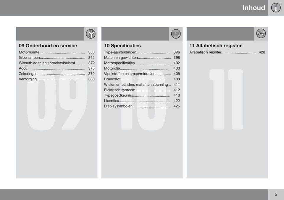 .. 398 11 Motorspecificaties... 402 Motorolie... 403 Vloeistoffen en smeermiddelen... 405 Brandstof.