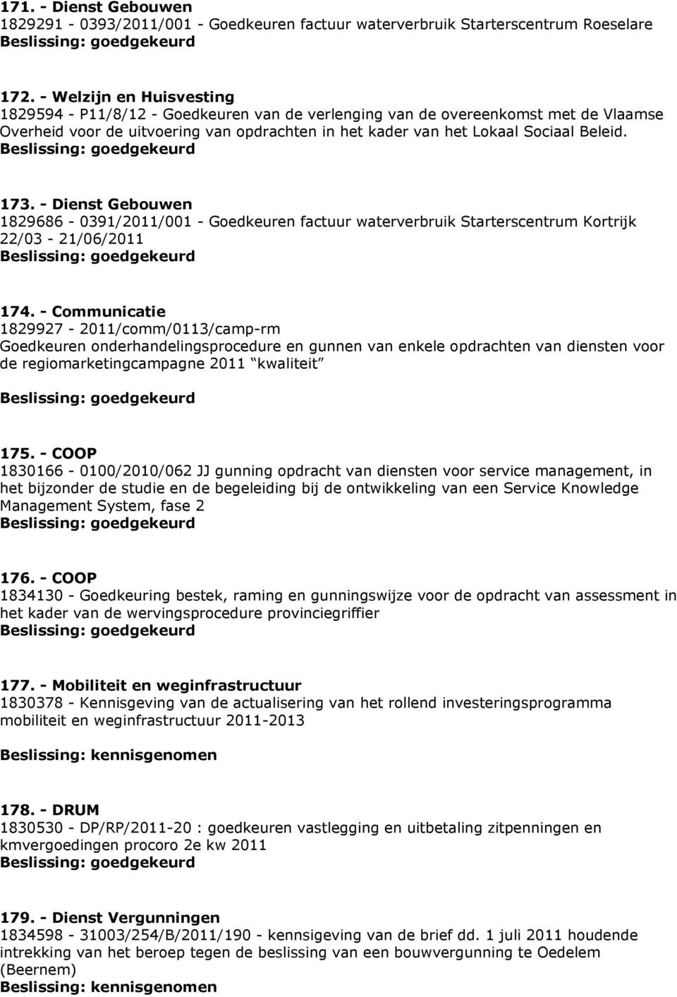 173. - Dienst Gebouwen 1829686-0391/2011/001 - Goedkeuren factuur waterverbruik Starterscentrum Kortrijk 22/03-21/06/2011 174.
