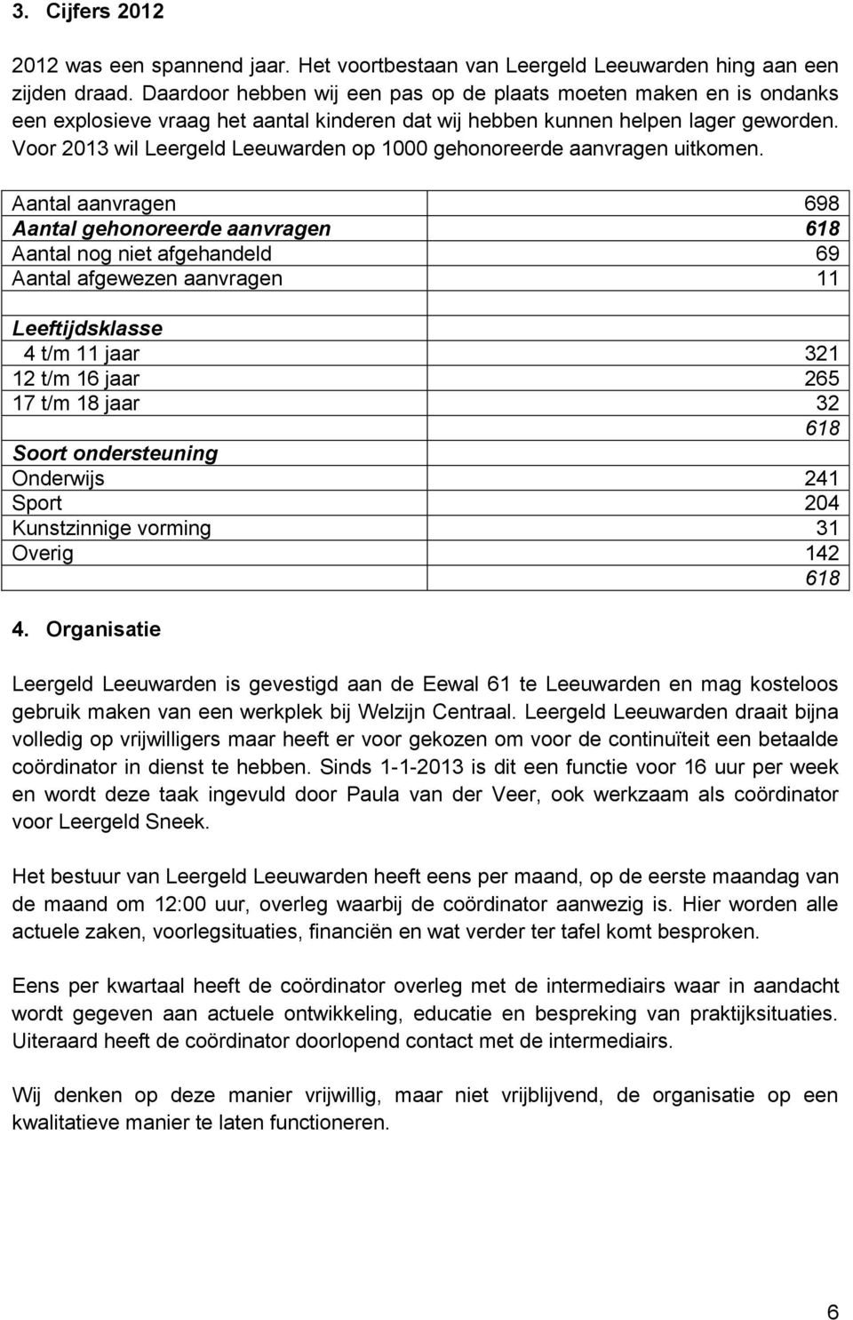 Voor 2013 wil Leergeld Leeuwarden op 1000 gehonoreerde aanvragen uitkomen.