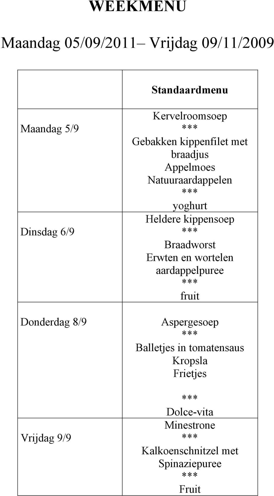 yoghurt Heldere kippensoep Braadworst Erwten en wortelen aardappelpuree fruit