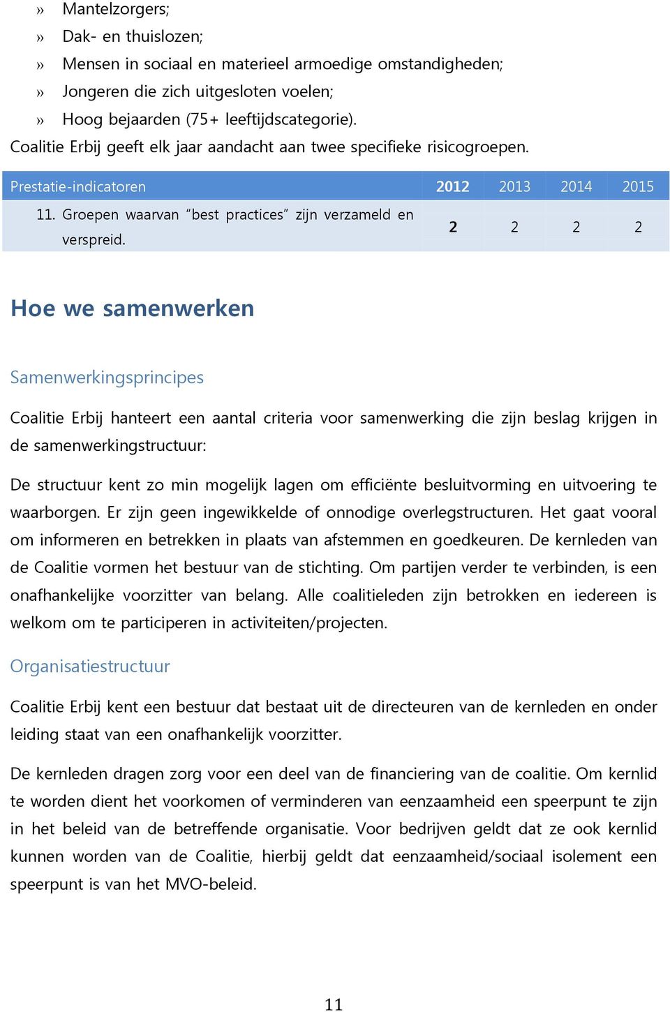 2 2 2 2 Hoe we samenwerken Samenwerkingsprincipes Coalitie Erbij hanteert een aantal criteria voor samenwerking die zijn beslag krijgen in de samenwerkingstructuur: waarborgen.