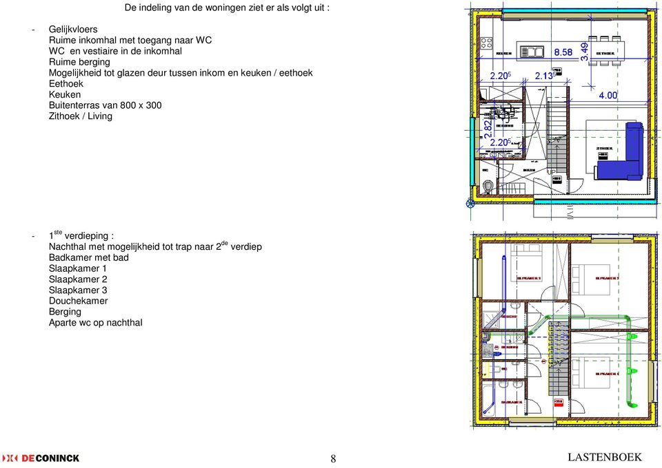 Keuken Buitenterras van 800 x 300 Zithoek / Living - 1 ste verdieping : Nachthal met mogelijkheid tot trap