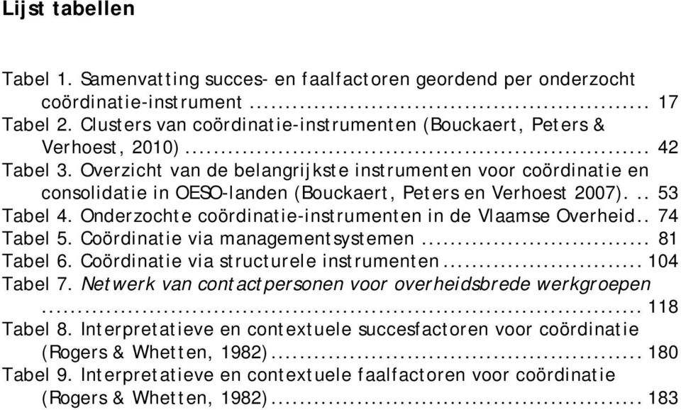 Onderzochte coördinatie-instrumenten in de Vlaamse Overheid.. 74 Tabel 5. Coördinatie via managementsystemen... 81 Tabel 6. Coördinatie via structurele instrumenten... 104 Tabel 7.