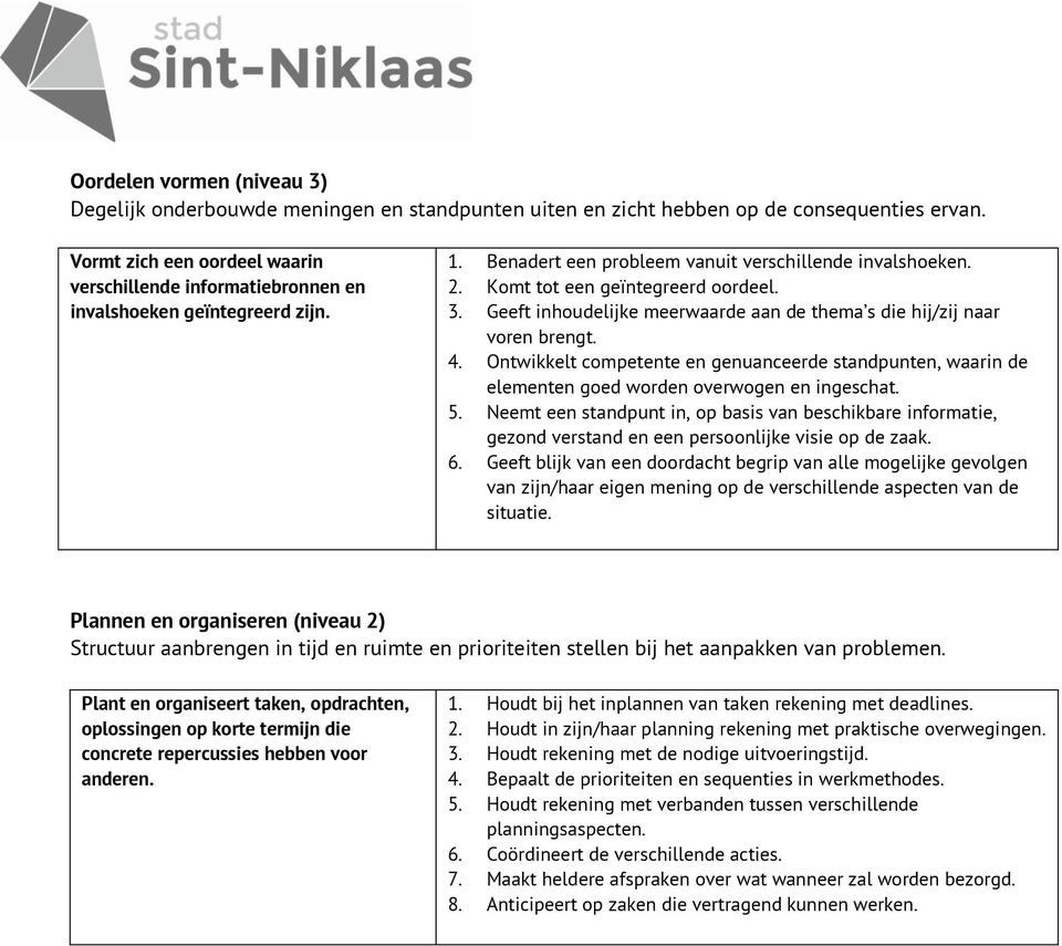 Geeft inhoudelijke meerwaarde aan de thema s die hij/zij naar voren brengt. 4. Ontwikkelt competente en genuanceerde standpunten, waarin de elementen goed worden overwogen en ingeschat. 5.