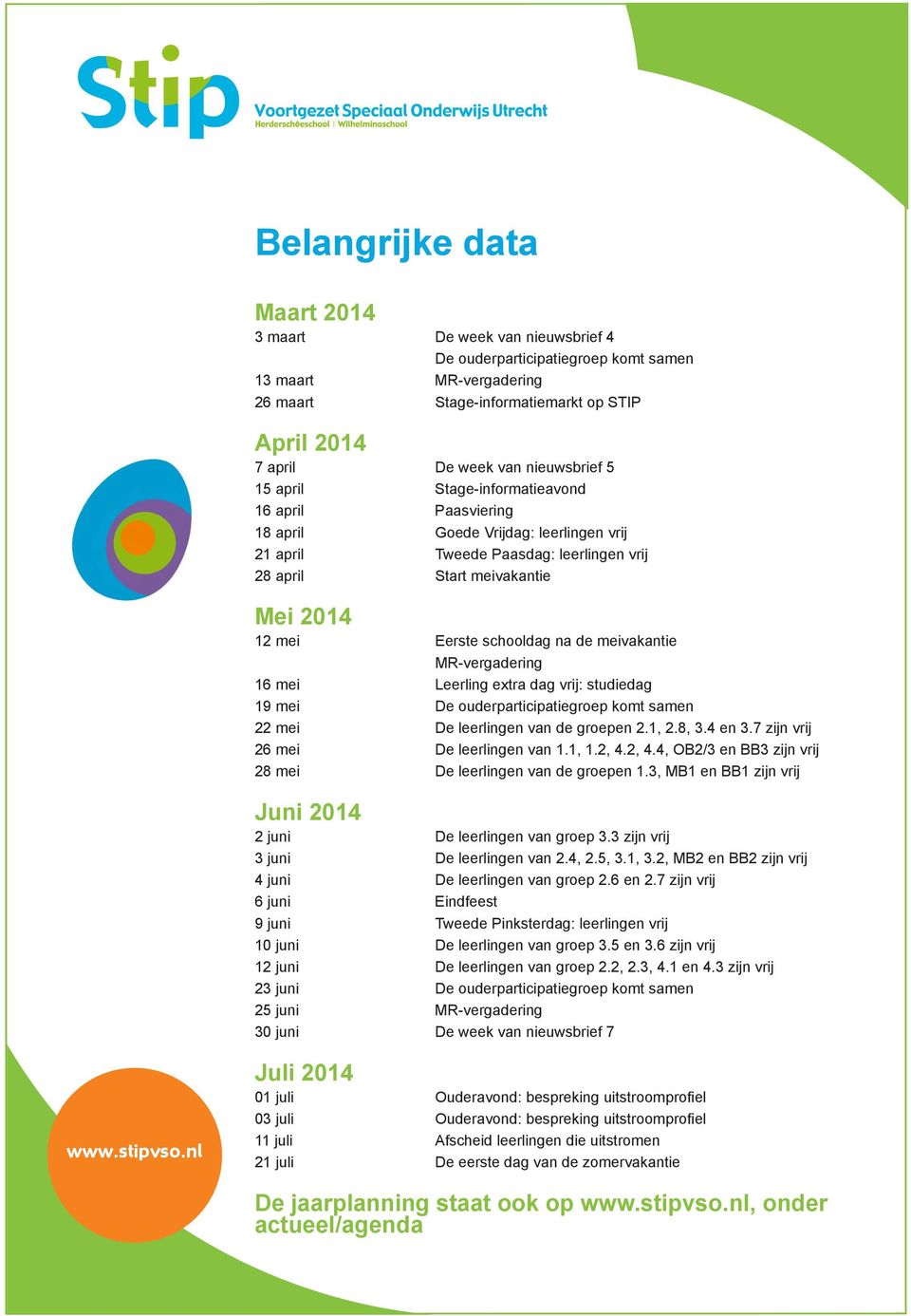 schooldag na de meivakantie MR-vergadering 16 mei Leerling extra dag vrij: studiedag 19 mei De ouderparticipatiegroep komt samen 22 mei De leerlingen van de groepen 2.1, 2.8, 3.4 en 3.