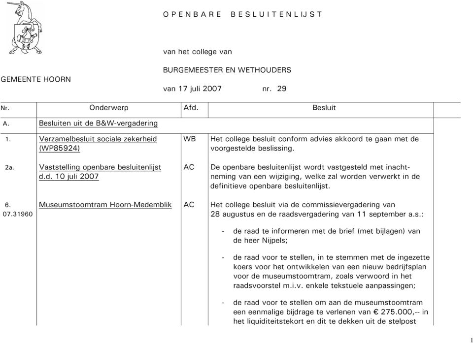 De openbare besluitenlijst wordt vastgesteld met inachtneming van een wijziging, welke zal worden verwerkt in de definitieve openbare besluitenlijst. 6. 07.