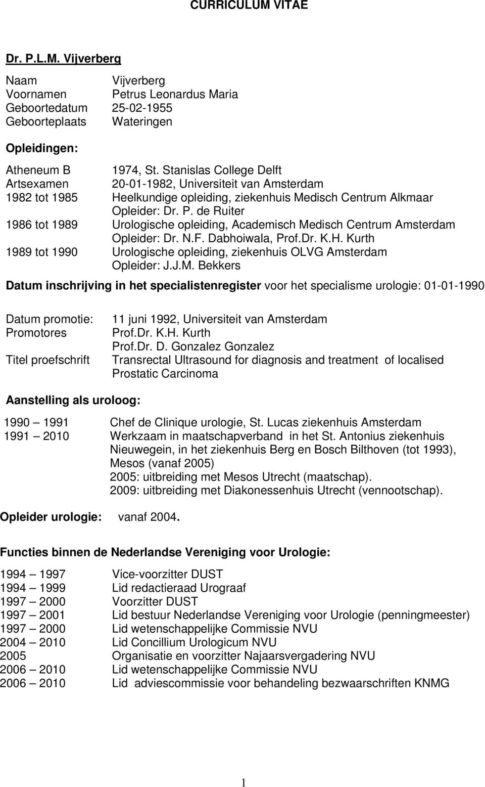 de Ruiter 1986 tot 1989 Urologische opleiding, Academisch Medisch Centrum Amsterdam Opleider: Dr. N.F. Dabhoiwala, Prof.Dr. K.H.