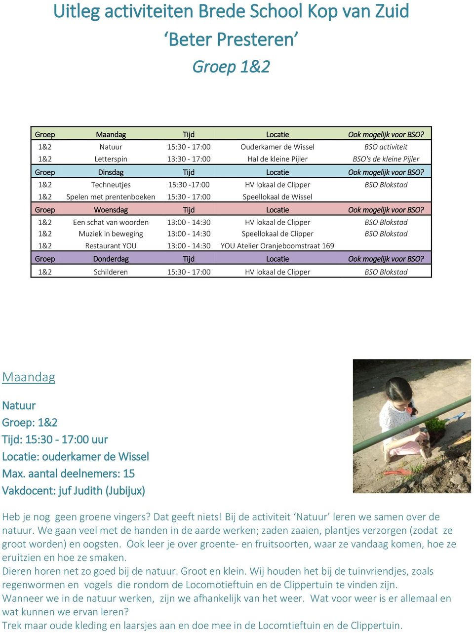 1&2 Techneutjes 15:30-17:00 HV lokaal de Clipper BSO Blokstad 1&2 Spelen met prentenboeken 15:30-17:00 Speellokaal de Wissel Groep Woensdag Tijd Locatie Ook mogelijk voor BSO?