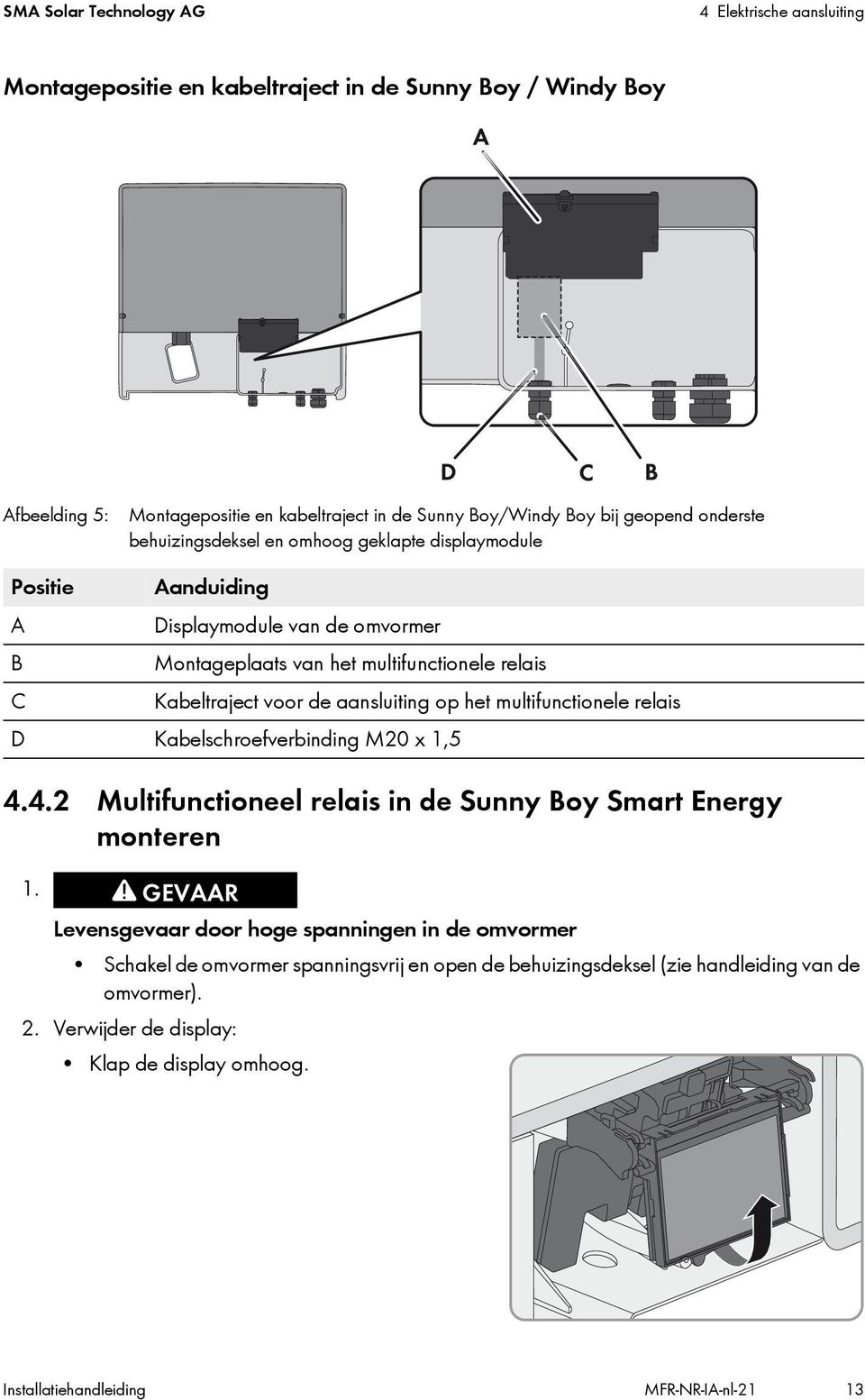 aansluiting op het multifunctionele relais D Kabelschroefverbinding M20 x 1,5 4.4.2 Multifunctioneel relais in de Sunny Boy Smart Energy monteren 1.