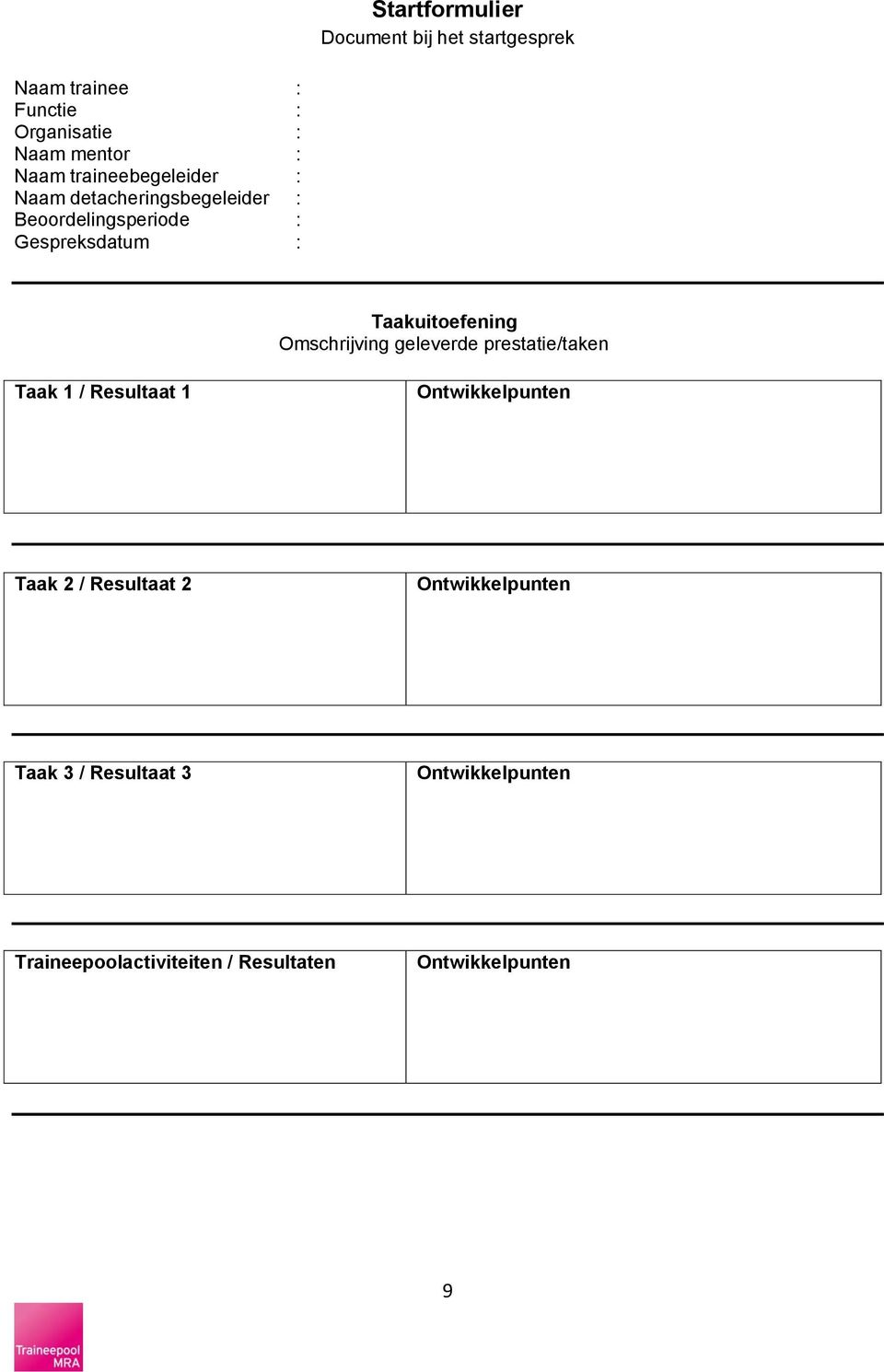 Taakuitoefening Omschrijving geleverde prestatie/taken Taak 1 / Resultaat 1 Ontwikkelpunten Taak 2 /