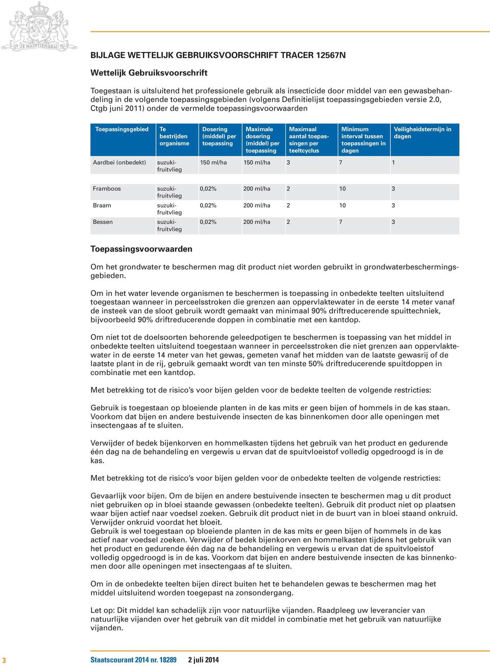 0, Ctgb juni 2011) onder de vermelde toepassingsvoorwaarden Toepassingsgebied Te bestrijden organisme Dosering (middel) per toepassing Maximale dosering (middel) per toepassing Maximaal aantal