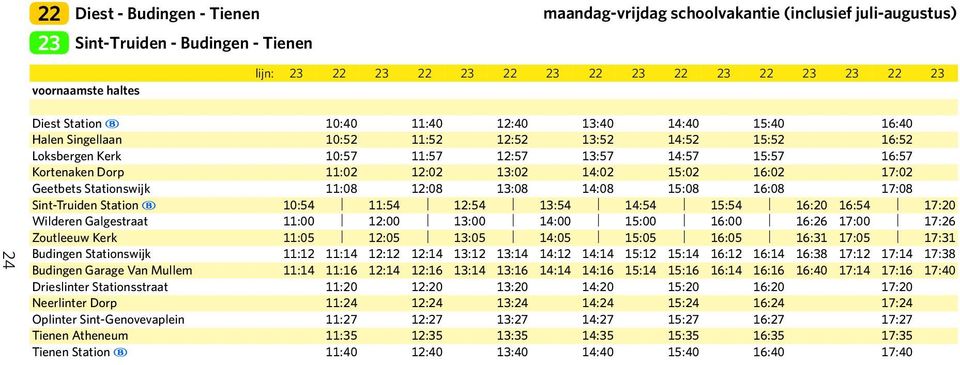 Stationswijk 11:08 12:08 13:08 14:08 15:08 16:08 17:08 Sint-Truiden Station ~ 10:54 11:54 12:54 13:54 14:54 15:54 16:20 16:54 17:20 Wilderen Galgestraat 11:00 12:00 13:00 14:00 15:00 16:00 16:26