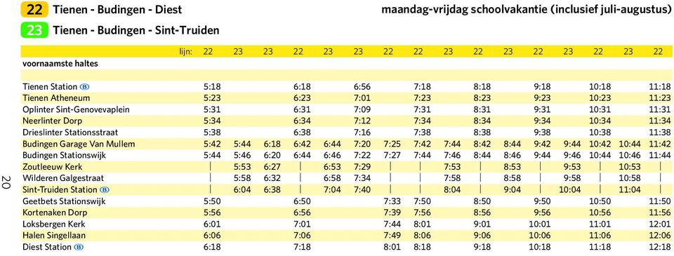 Stationsstraat 5:38 6:38 7:16 7:38 8:38 9:38 10:38 11:38 Budingen Garage Van Mullem 5:42 5:44 6:18 6:42 6:44 7:20 7:25 7:42 7:44 8:42 8:44 9:42 9:44 10:42 10:44 11:42 Budingen Stationswijk 5:44 5:46