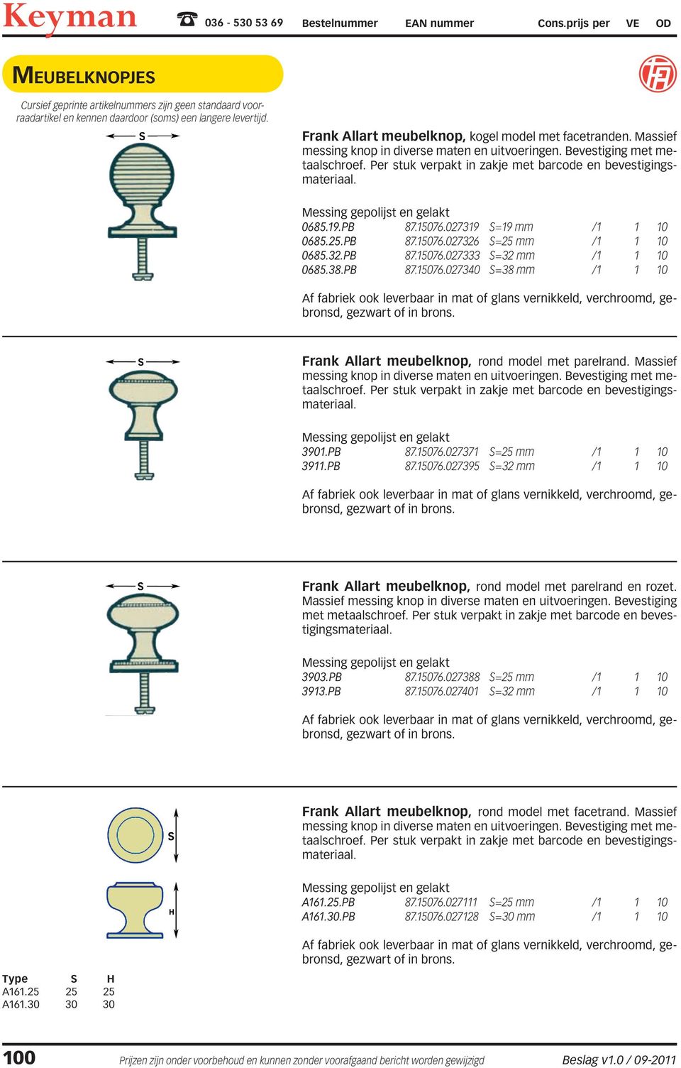 Frank Allart meubelknop, rond model met parelrand. Massief messing knop in diverse maten en uitvoeringen. Bevestiging met metaalschroef. Per stuk verpakt in zakje 3901.PB 87.15076.