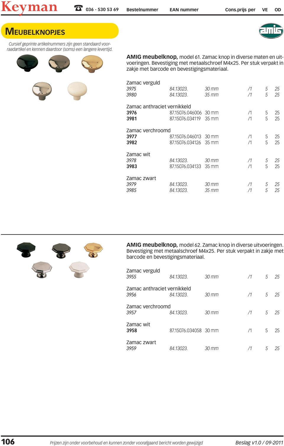 15076.046013 30 mm /1 5 25 3982 87.15076.034126 35 mm /1 5 25 Zamac wit 3978 84.13023. 30 mm /1 5 25 3983 87.15076.034133 35 mm /1 5 25 Zamac zwart 3979 84.13023. 30 mm /1 5 25 3985 84.13023. 35 mm /1 5 25 AMIG meubelknop, model 62.