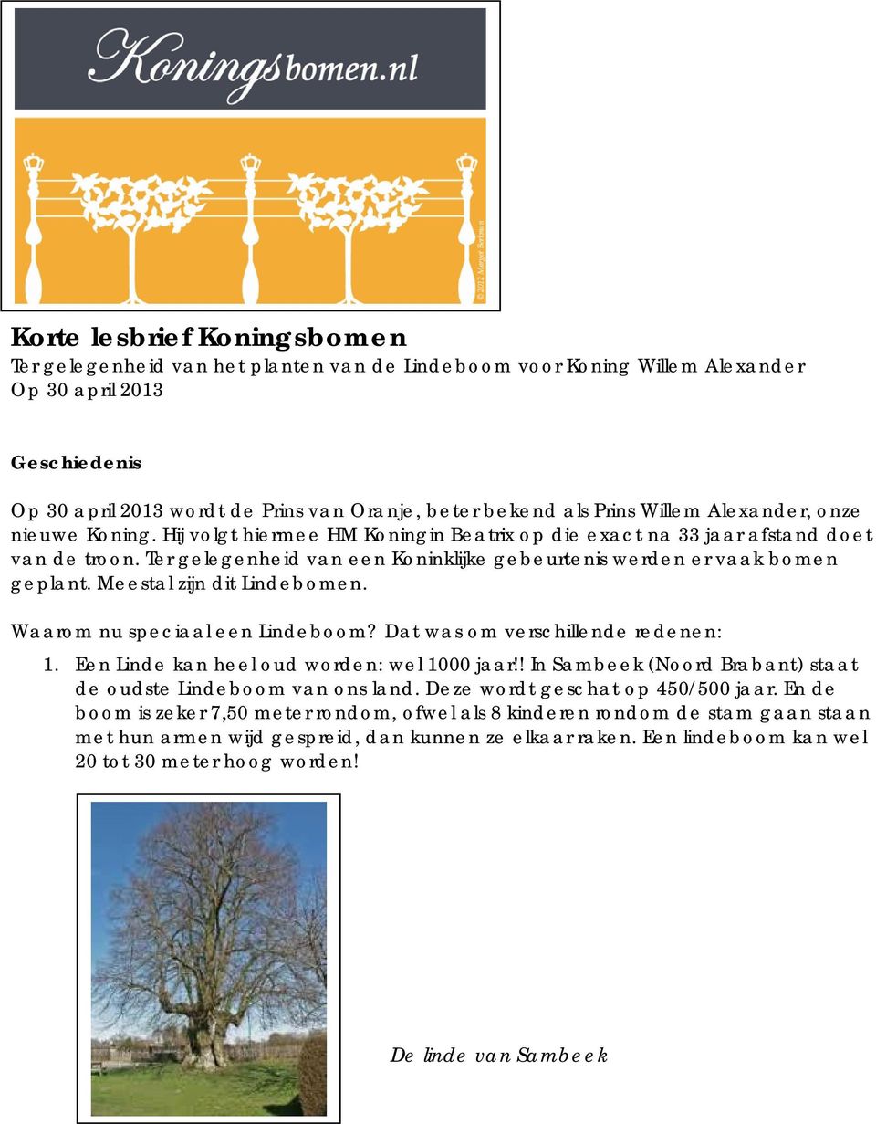 Ter gelegenheid van een Koninklijke gebeurtenis werden er vaak bomen geplant. Meestal zijn dit Lindebomen. Waarom nu speciaal een Lindeboom? Dat was om verschillende redenen: 1.