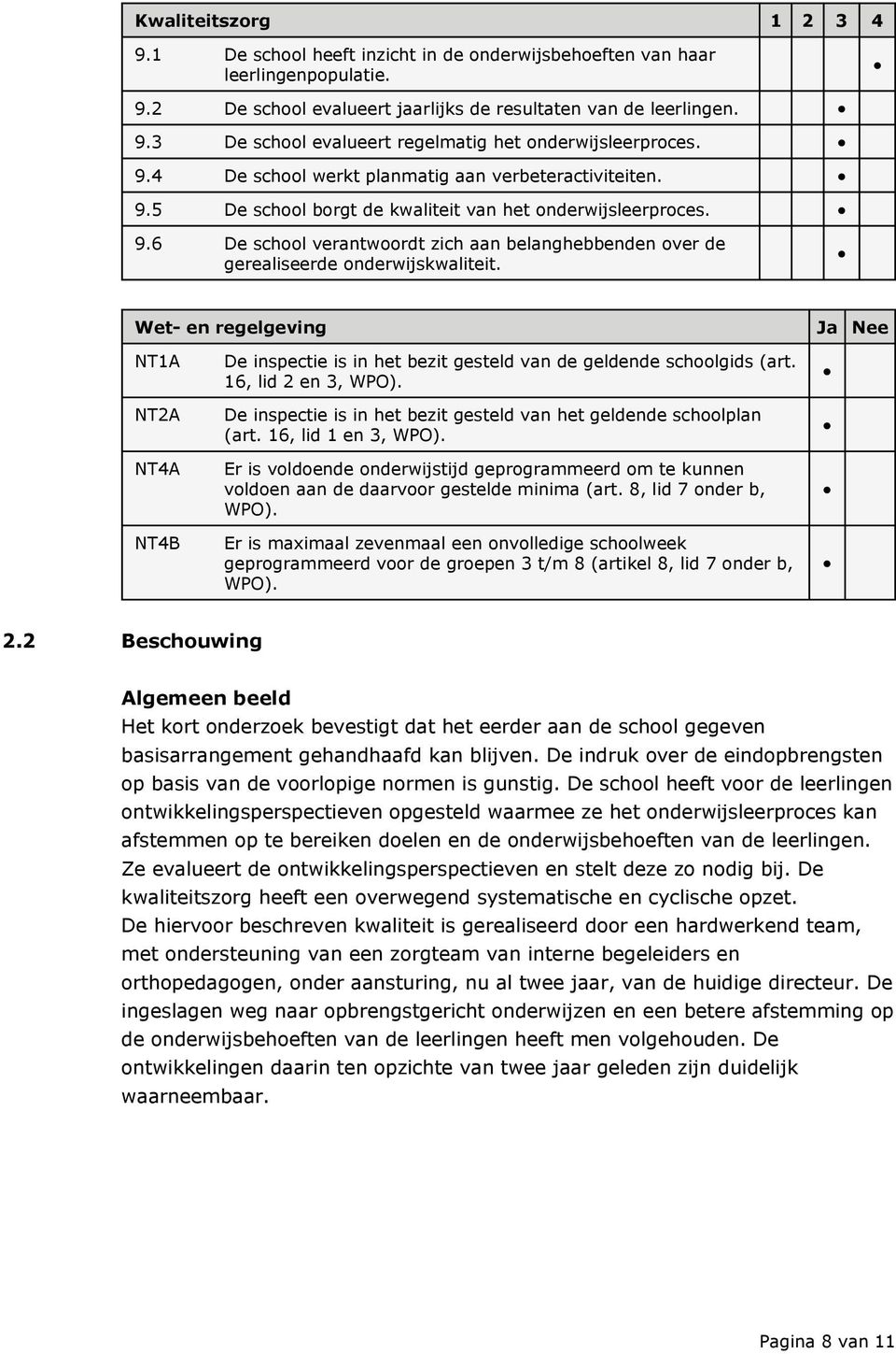 Wet- en regelgeving Ja Nee NT1A NT2A NT4A NT4B De inspectie is in het bezit gesteld van de geldende schoolgids (art. 16, lid 2 en 3, WPO).