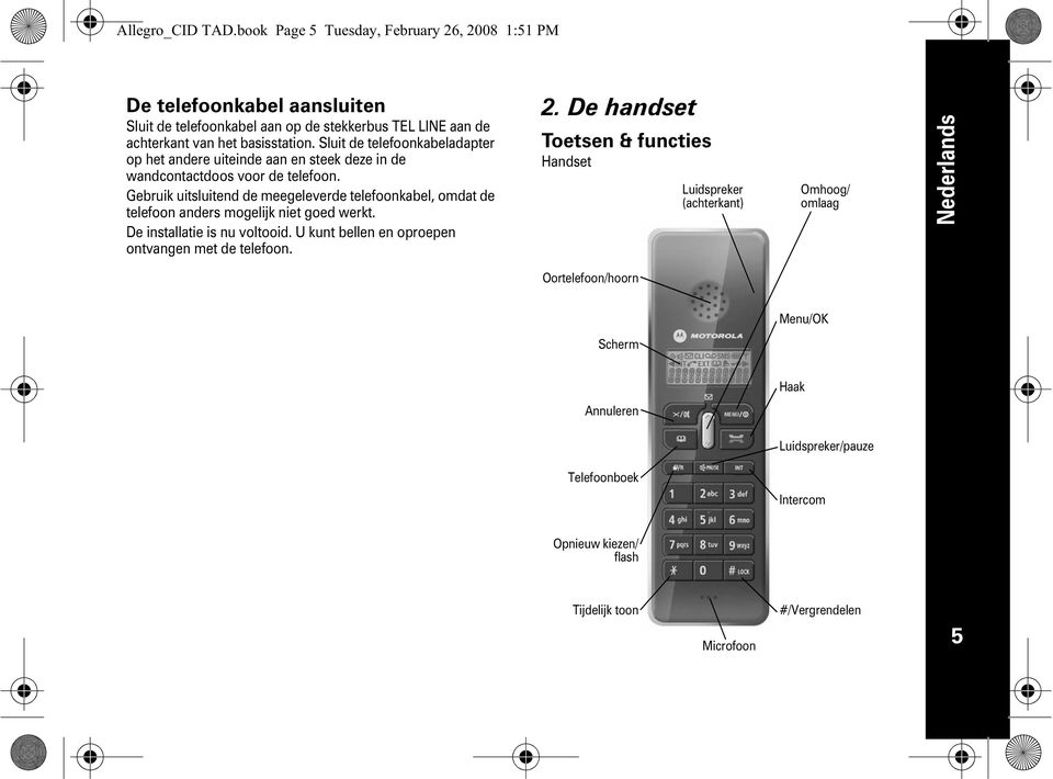 omdat de telefoon anders mogelijk niet goed werkt De installatie is nu voltooid U kunt bellen en oproepen ontvangen met de telefoon 2 De handset Toetsen & functies Handset