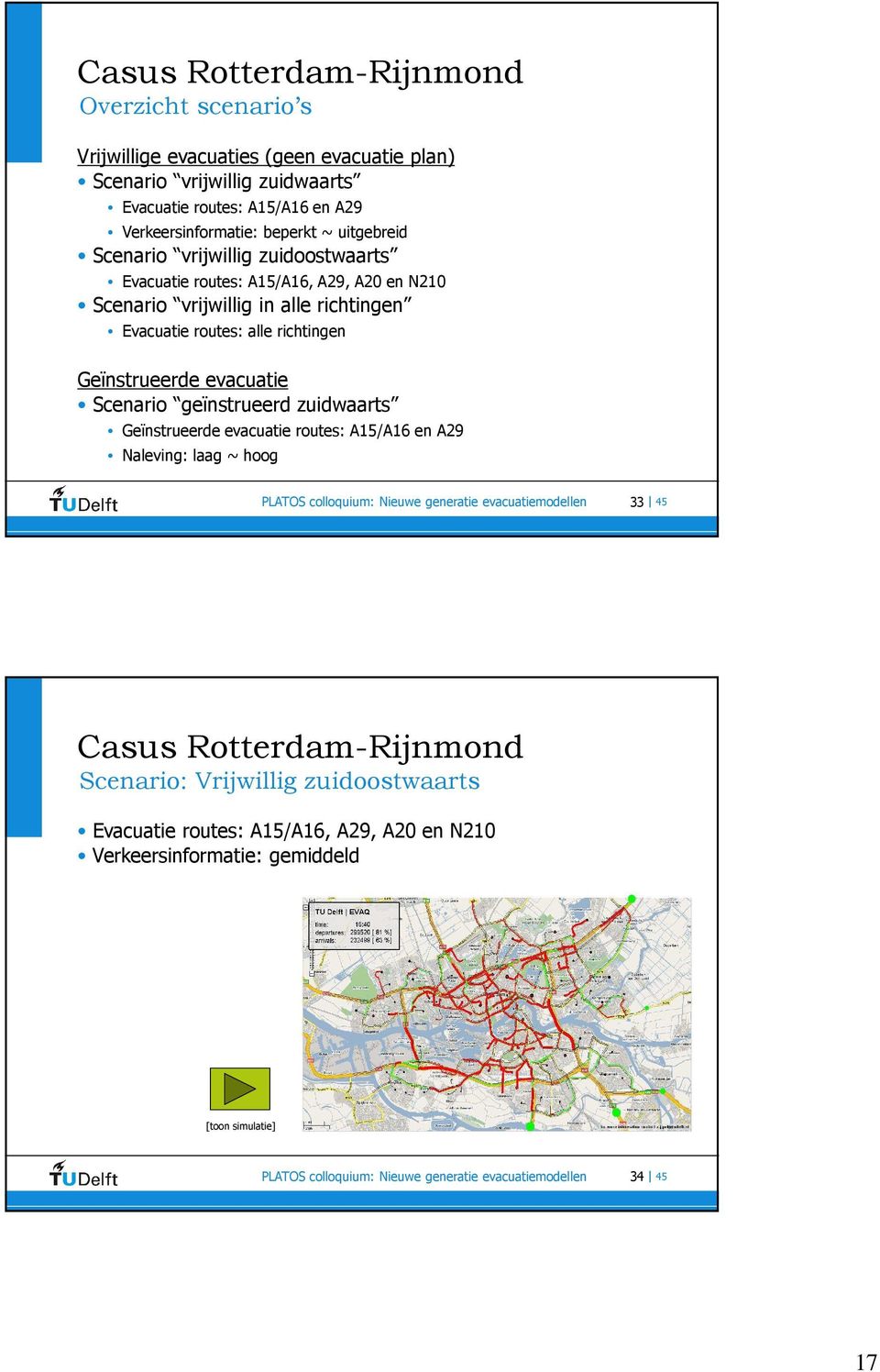 Scenario geïnstrueerd zuidwaarts Geïnstrueerde evacuatie routes: A15/A16 en A29 Naleving: laag ~ hoog PLATOS colloquium: Nieuwe generatie evacuatiemodellen 33 45 Casus Rotterdam-Rijnmond