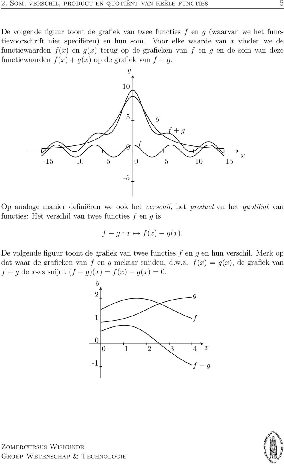 5 g f + g f -5 - -5 5 5 x -5 Op analoge manier definiëren we ook het verschil, het product en het quotiënt van functies: Het verschil van twee functies f en g is f g : x f(x) g(x).