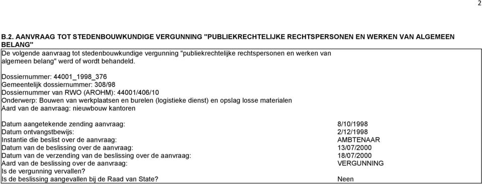 Dossiernummer: 44001_1998_376 Gemeentelijk dossiernummer: 308/98 Dossiernummer van RWO (AROHM): 44001/406/10 Onderwerp: Bouwen van werkplaatsen en burelen (logistieke