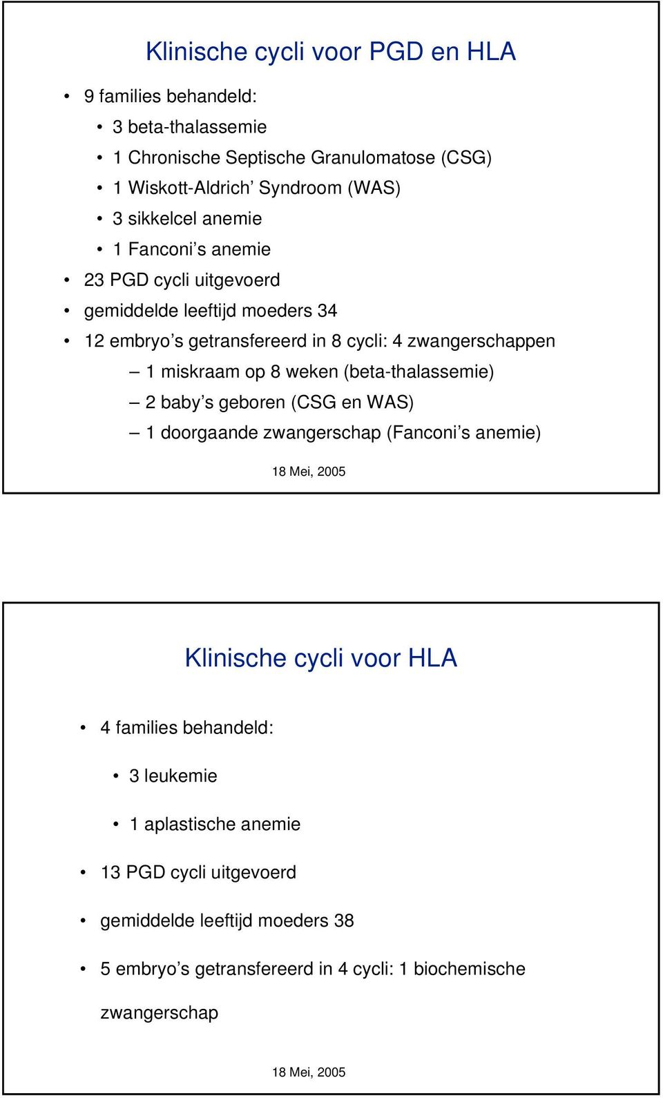 miskraam op 8 weken (beta-thalassemie) 2 baby s geboren (CSG en WAS) 1 doorgaande zwangerschap (Fanconi s anemie) Klinische cycli voor HLA 4 families