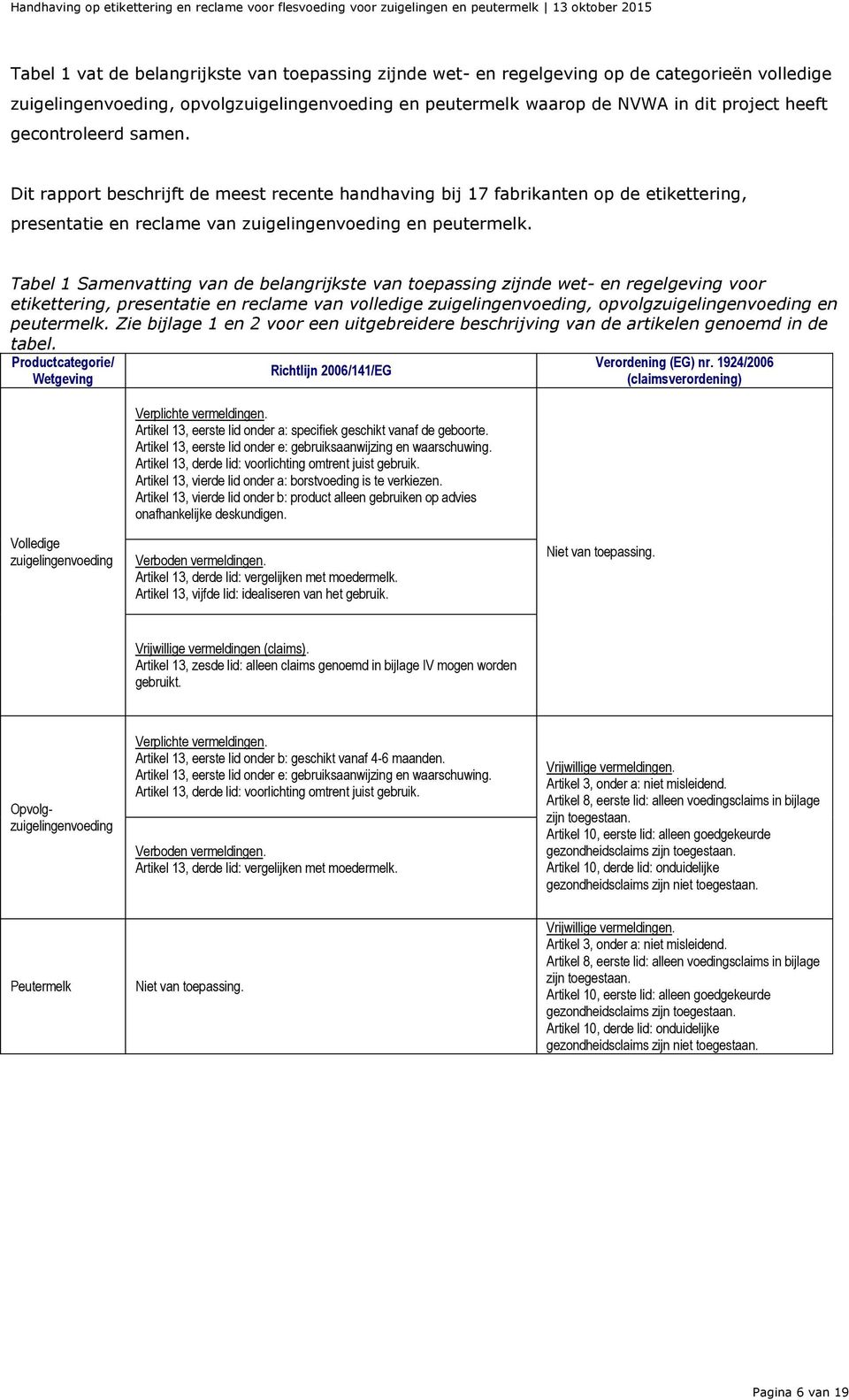 Tabel 1 Samenvatting van de belangrijkste van toepassing zijnde wet- en regelgeving voor etikettering, presentatie en reclame van volledige zuigelingenvoeding, opvolgzuigelingenvoeding en peutermelk.