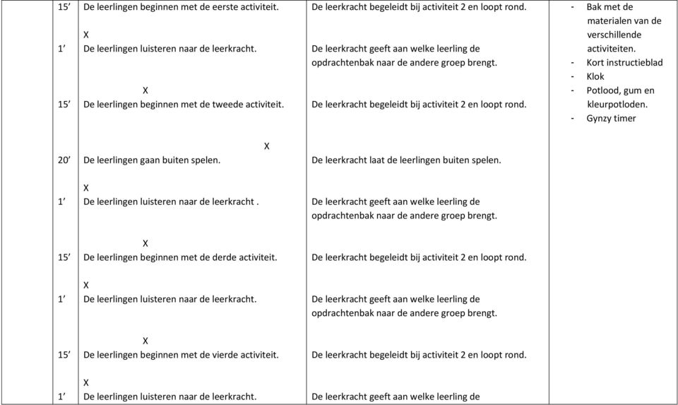 - Kort instructieblad - Klok - Potlood, gum en kleurpotloden. - Gynzy timer 20 De leerlingen gaan buiten spelen. De leerkracht laat de leerlingen buiten spelen.