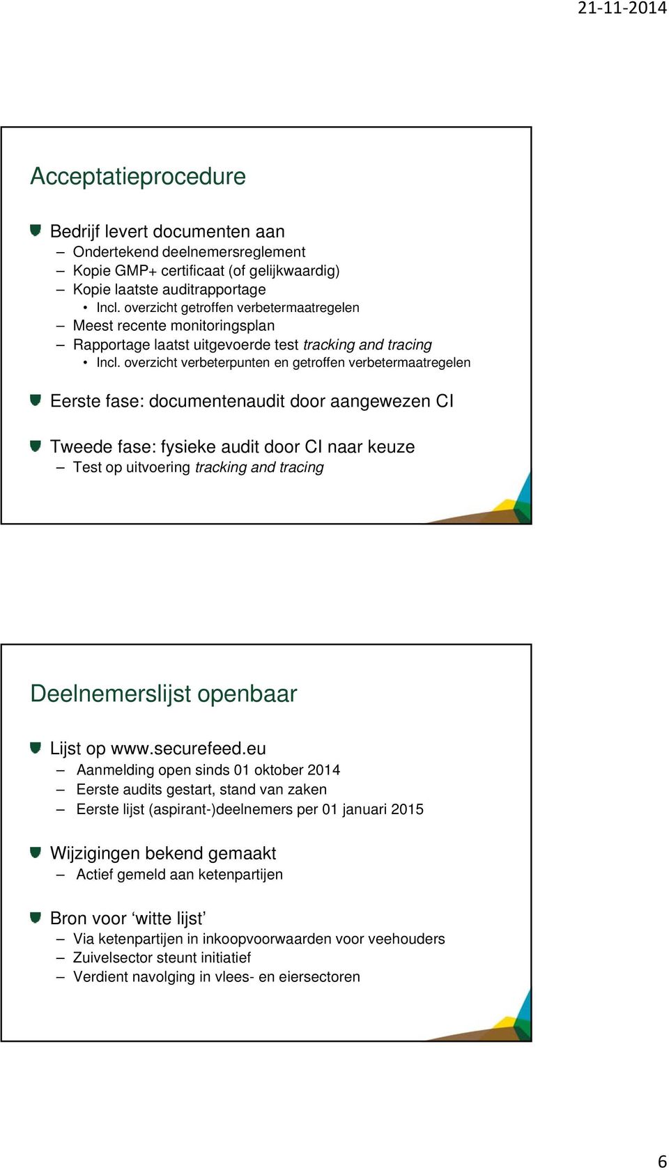 overzicht verbeterpunten en getroffen verbetermaatregelen Eerste fase: documentenaudit door aangewezen CI Tweede fase: fysieke audit door CI naar keuze Test op uitvoering tracking and tracing