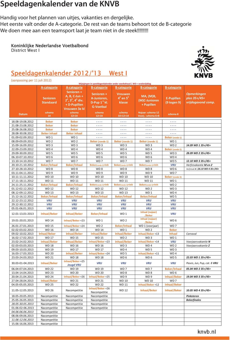 !!!!!!!! Koninklijke Nederlandse Voetbalbond District West I Speeldagenkalender 2012/'13 (aanpassing per 11 juli 2012) Datum West I Wijzigingen in speeldagenkalender onder voorbehoud WD =