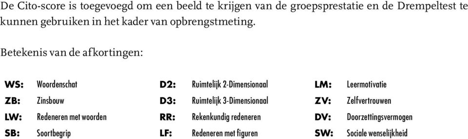 Betekenis van de afkortingen: WS: Woordenschat D2: Ruimtelijk 2-Dimensionaal LM: Leermotivatie ZB: Zinsbouw D3: