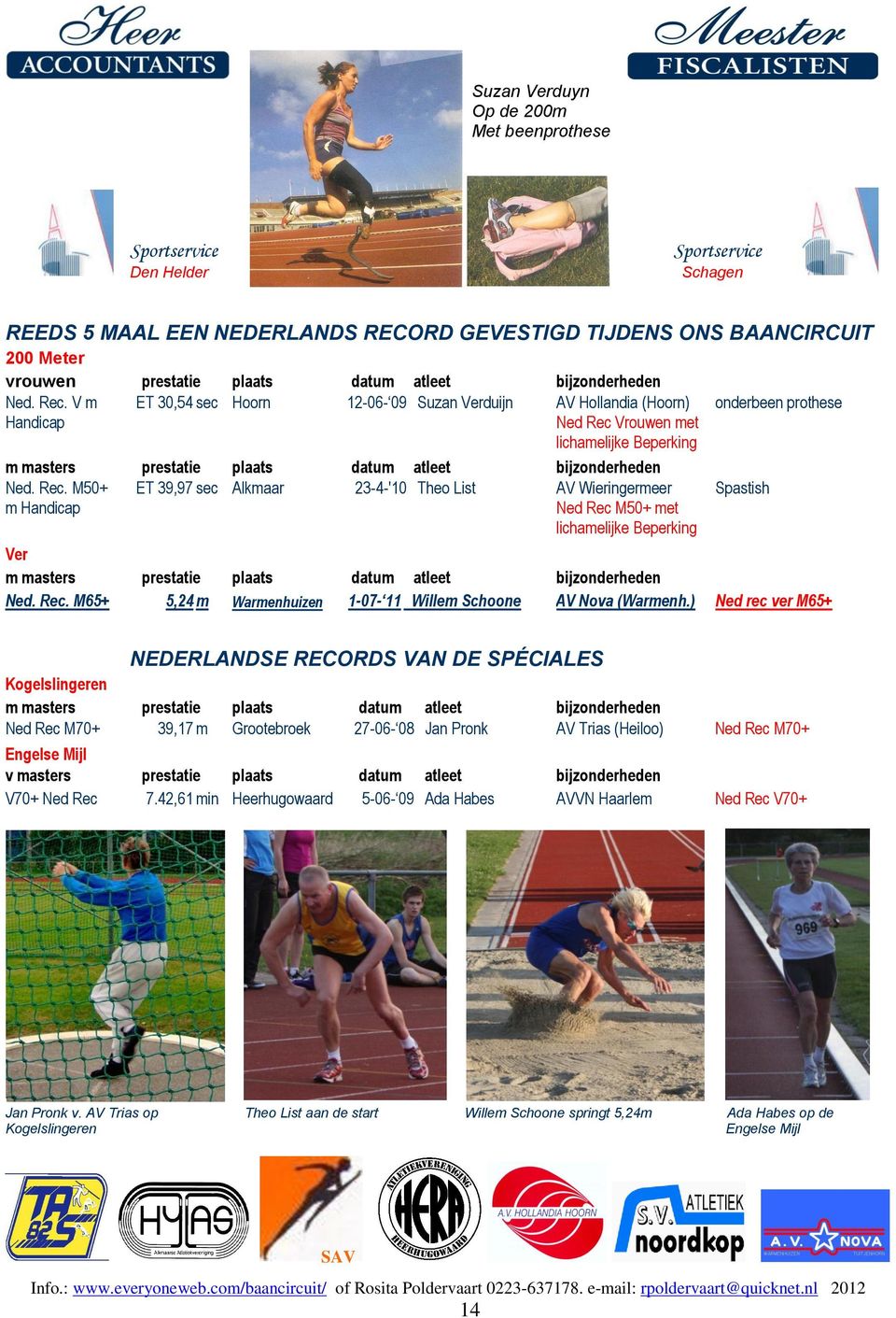 V m Handicap ET 30,54 sec Hoorn 12-06- 09 Suzan Verduijn AV Hollandia (Hoorn) Ned Rec Vrouwen met lichamelijke Beperking m masters prestatie plaats datum  M50+ ET 39,97 sec Alkmaar 23-4-'10 Theo List