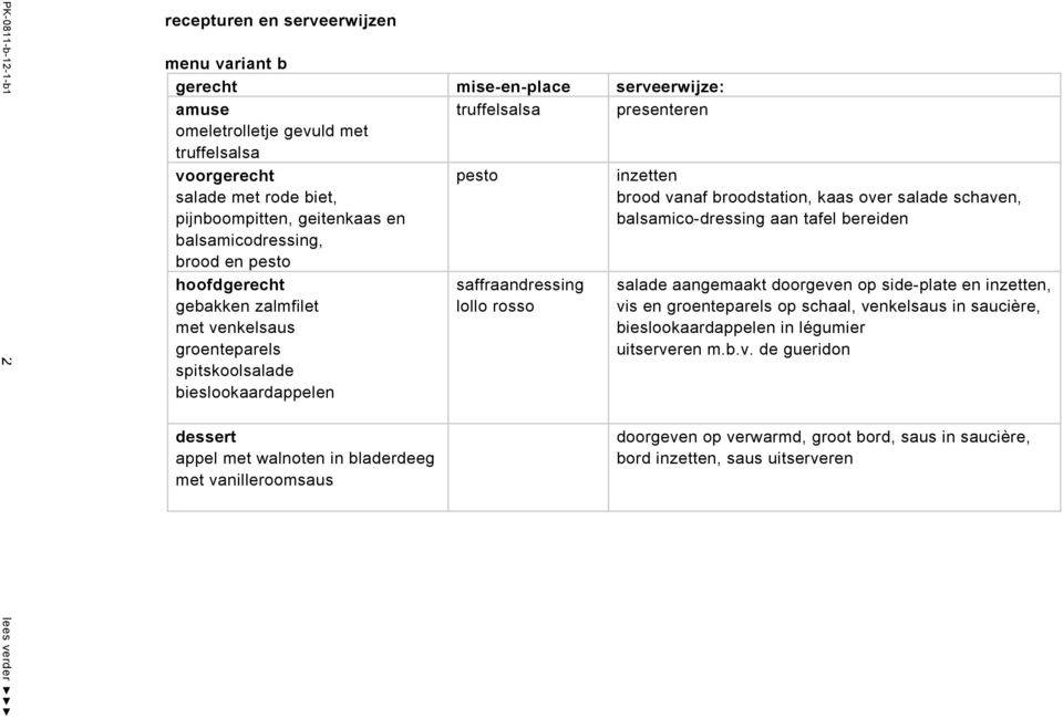 walnoten in bladerdeeg met vanilleroomsaus pesto saffraandressing lollo rosso inzetten brood vanaf broodstation, kaas over salade schaven, balsamico-dressing aan tafel bereiden salade aangemaakt