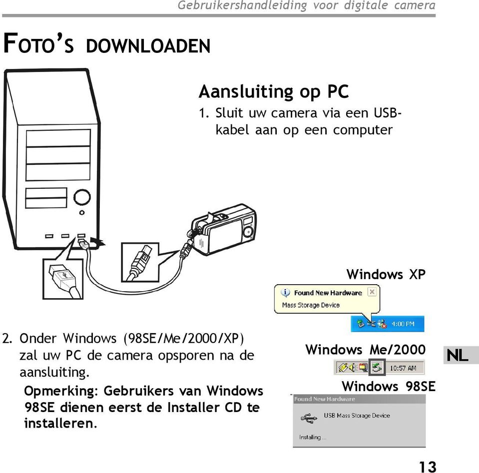 Onder Windows (98SE/Me/2000/XP) zal uw PC de camera opsporen na de