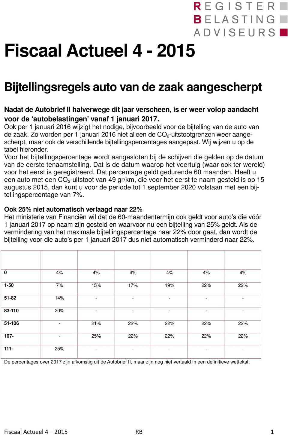 Zo worden per 1 januari 2016 niet alleen de CO 2 -uitstootgrenzen weer aangescherpt, maar ook de verschillende bijtellingspercentages aangepast. Wij wijzen u op de tabel hieronder.