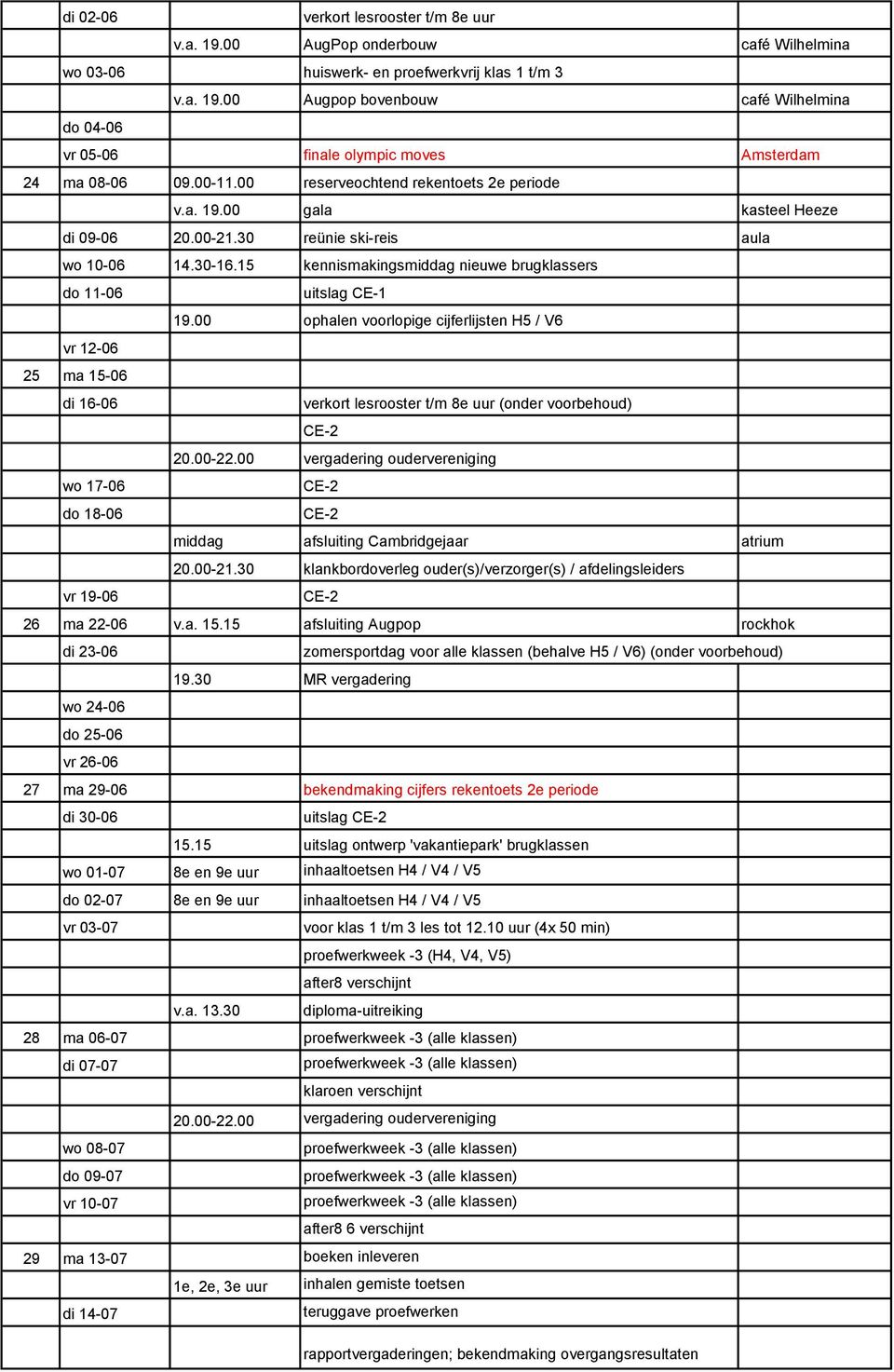 00 ophalen voorlopige cijferlijsten H5 / V6 vr 12-06 25 ma 15-06 di 16-06 verkort lesrooster t/m 8e uur (onder voorbehoud) CE-2 20.00-22.