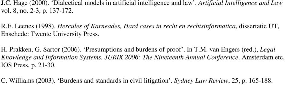 Sartor (2006). Presumptions and burdens of proof. In T.M. van Engers (red.), Legal Knowledge and Information Systems.