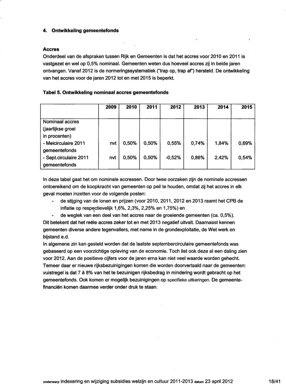 De ontwikkeling van het accres voor de jaren 2012 tot en met 2015 is beperkt. Tabel 5.