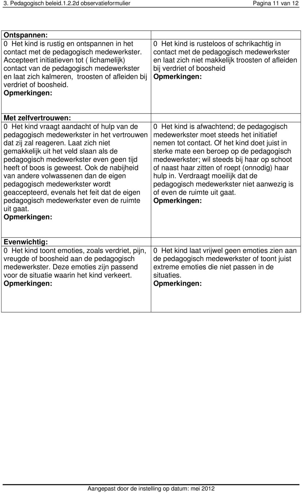 0 Het kind is rusteloos of schrikachtig in contact met de pedagogisch medewerkster en laat zich niet makkelijk troosten of afleiden bij verdriet of boosheid Met zelfvertrouwen: 0 Het kind vraagt