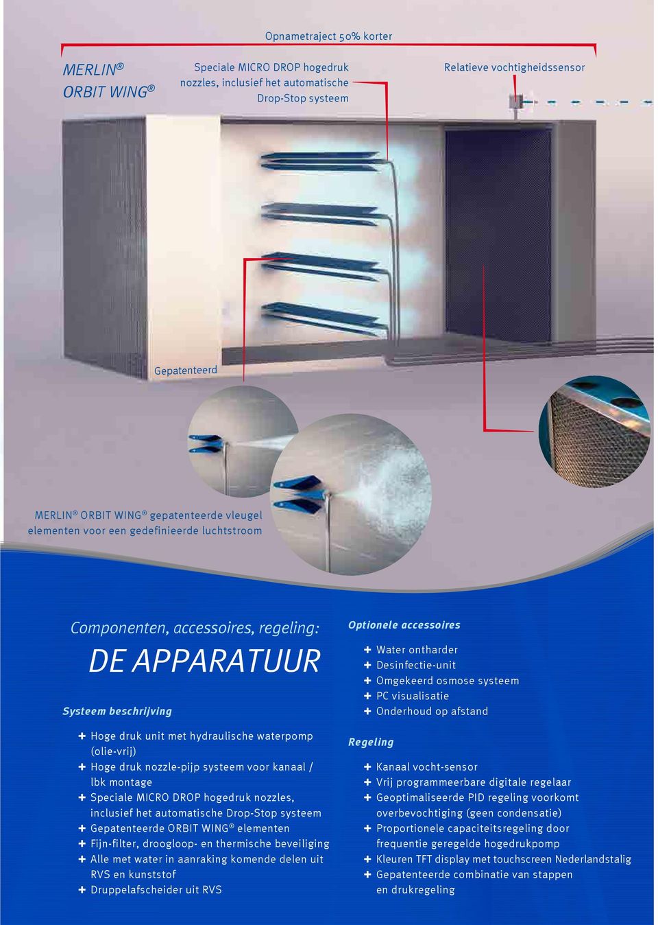 MERLIN ORBIT WING, het MICRO DROP hogedruk luchtssysteem kan in elk ventilatie- en luchtbehandelingssysteem worden geïntegreerd.