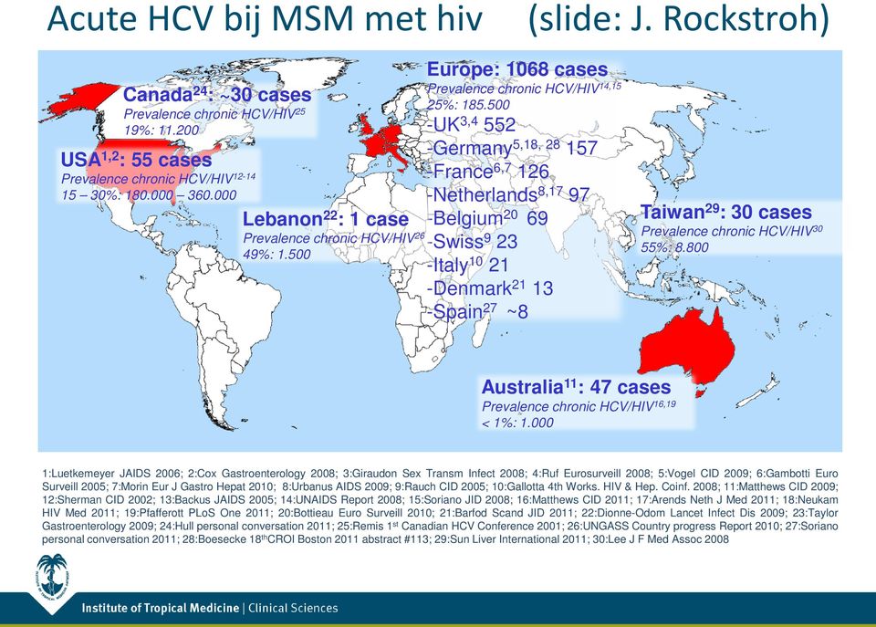 500 -UK 3,4 552 -Germany 5,18, 28 157 -France 6,7 126 -Netherlands 8,17 97 -Belgium 20 69 -Swiss 9 23 -Italy 10 21 -Denmark 21 13 -Spain 27 ~8 Taiwan 29 : 30 cases Prevalence chronic HCV/HIV 30 55%:
