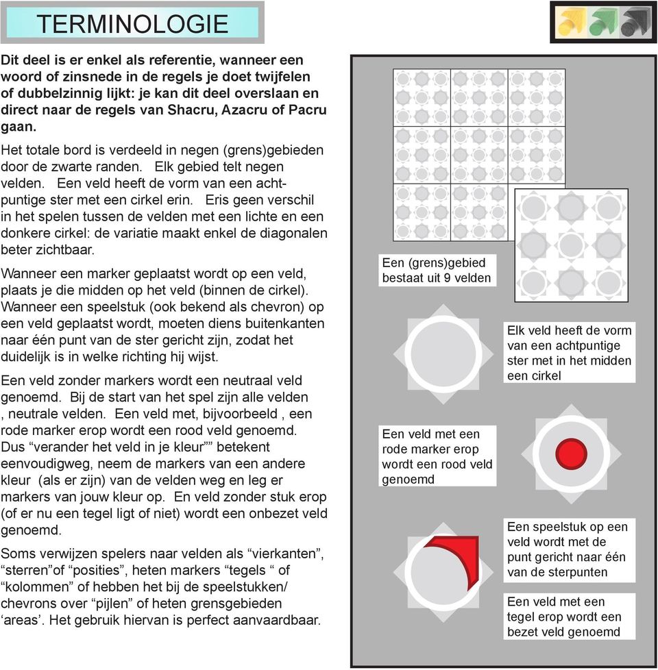 Eris geen verschil in het spelen tussen de velden met een lichte en een donkere cirkel: de variatie maakt enkel de diagonalen beter zichtbaar.