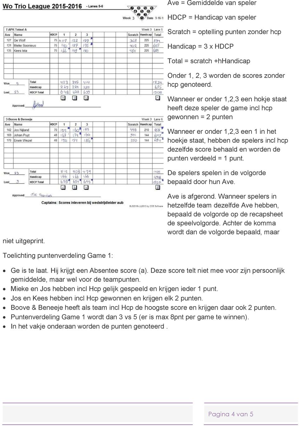 worden de punten verdeeld = 1 punt. De spelers spelen in de volgorde bepaald door hun Ave. niet uitgeprint. Ave is afgerond.