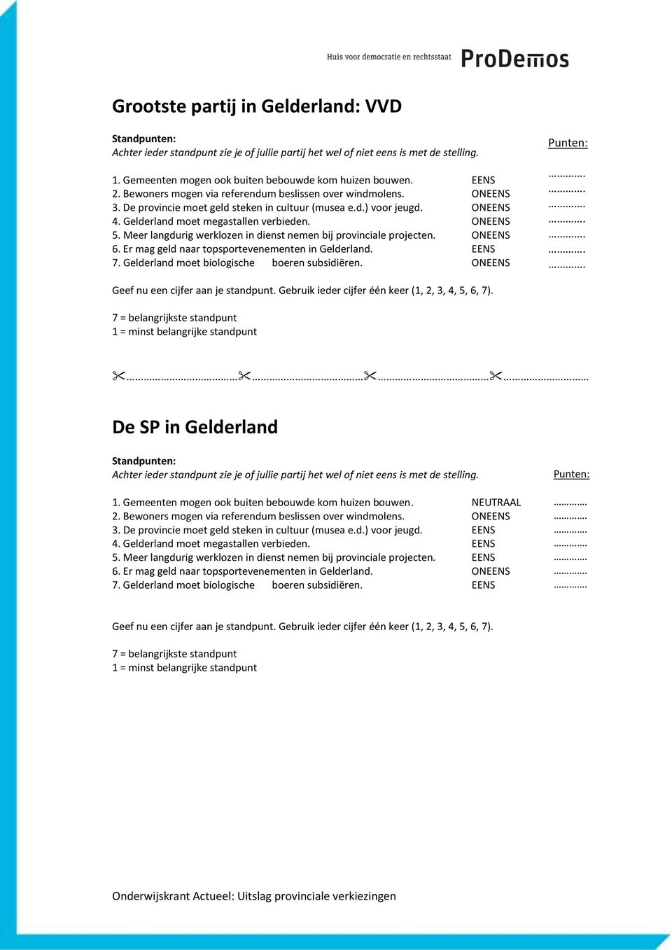 ONEENS 6. Er mag geld naar topsportevenementen in Gelderland. EENS 7. Gelderland moet biologische boeren subsidiëren. ONEENS De SP in Gelderland 1.