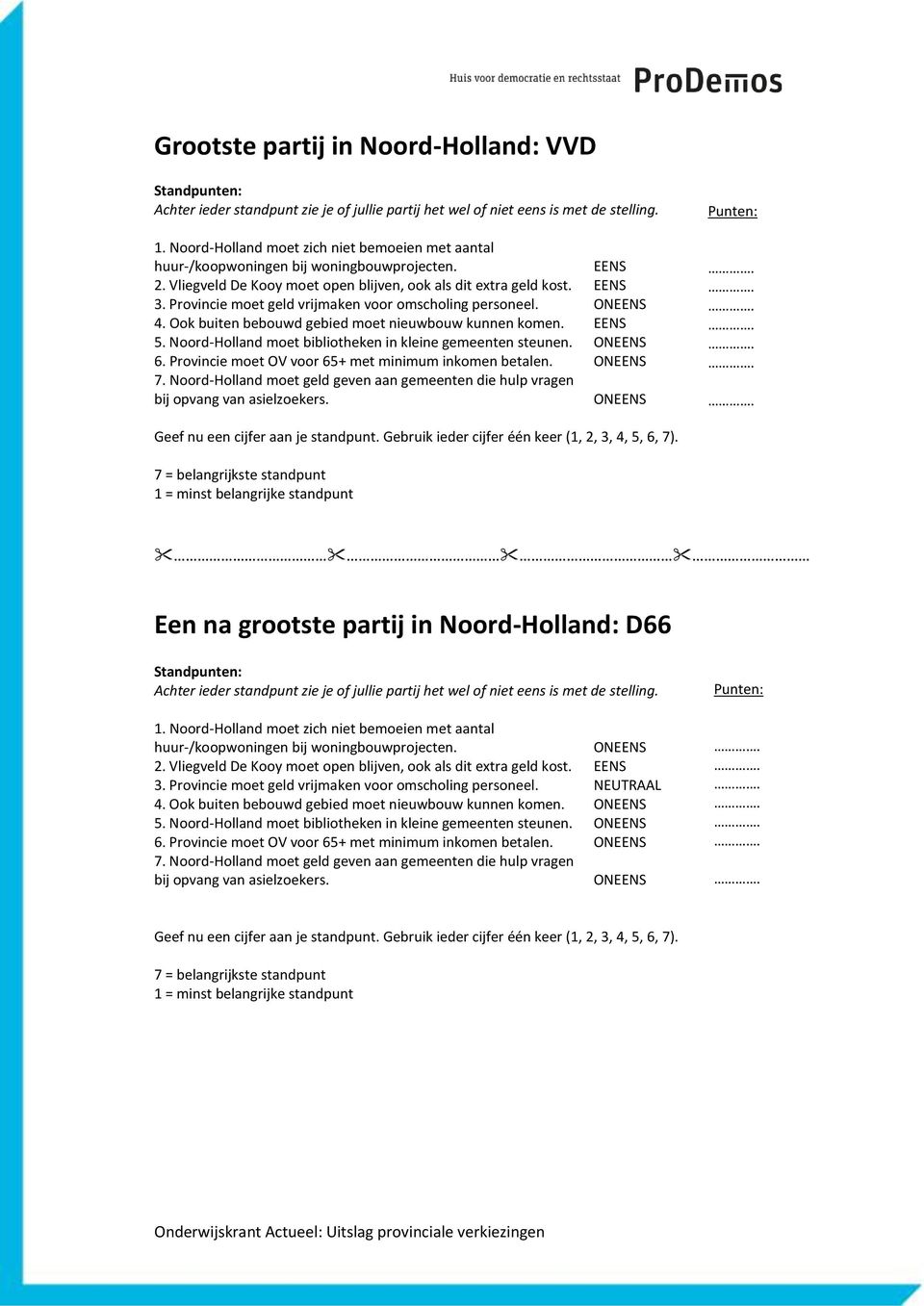 EENS 5. Noord-Holland moet bibliotheken in kleine gemeenten steunen. ONEENS 6. Provincie moet OV voor 65+ met minimum inkomen betalen. ONEENS 7.